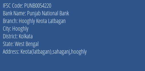 Punjab National Bank Hooghly Keota Latbagan Branch, Branch Code 054220 & IFSC Code PUNB0054220