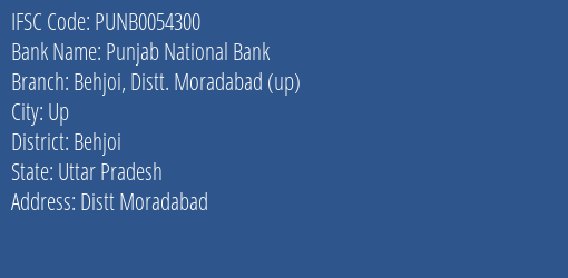 Punjab National Bank Behjoi Distt. Moradabad Up Branch, Branch Code 054300 & IFSC Code Punb0054300