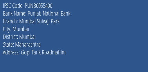 Punjab National Bank Mumbai Shivaji Park Branch IFSC Code