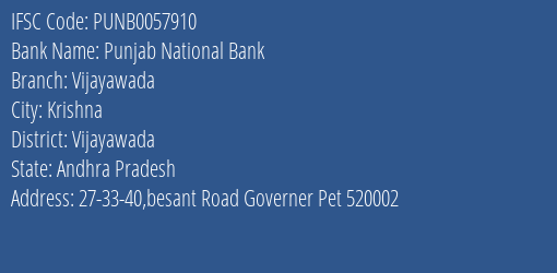 Punjab National Bank Vijayawada Branch, Branch Code 057910 & IFSC Code PUNB0057910