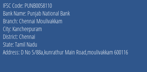 Punjab National Bank Chennai Moulivakkam Branch, Branch Code 058110 & IFSC Code PUNB0058110