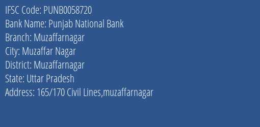 Punjab National Bank Muzaffarnagar Branch Muzaffarnagar IFSC Code PUNB0058720