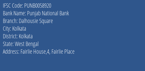 Punjab National Bank Dalhousie Square Branch, Branch Code 058920 & IFSC Code PUNB0058920