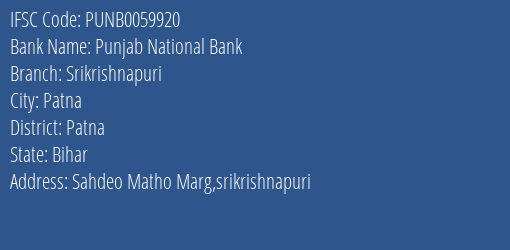 Punjab National Bank Srikrishnapuri Branch, Branch Code 059920 & IFSC Code PUNB0059920