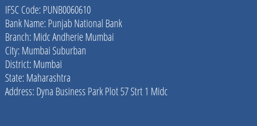 Punjab National Bank Midc Andherie Mumbai Branch IFSC Code