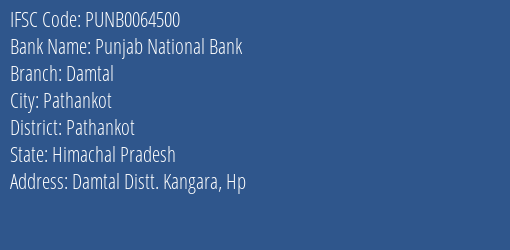 Punjab National Bank Damtal Branch Pathankot IFSC Code PUNB0064500