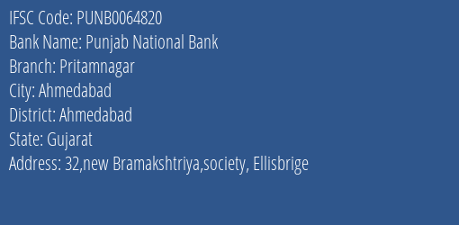Punjab National Bank Pritamnagar Branch, Branch Code 064820 & IFSC Code PUNB0064820