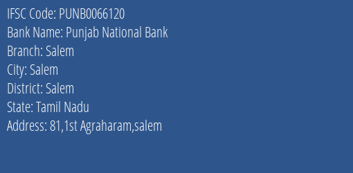 Punjab National Bank Salem Branch Salem IFSC Code PUNB0066120