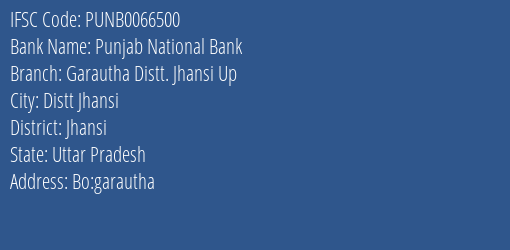 Punjab National Bank Garautha Distt. Jhansi Up Branch Jhansi IFSC Code PUNB0066500