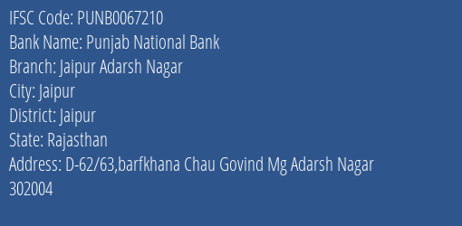 Punjab National Bank Jaipur Adarsh Nagar Branch, Branch Code 067210 & IFSC Code PUNB0067210
