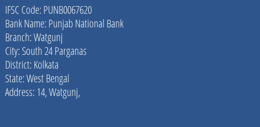 Punjab National Bank Watgunj Branch Kolkata IFSC Code PUNB0067620