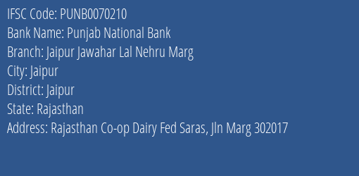 Punjab National Bank Jaipur Jawahar Lal Nehru Marg Branch IFSC Code