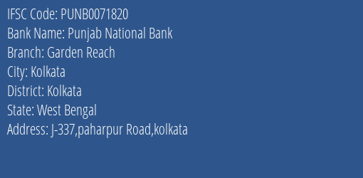 Punjab National Bank Garden Reach Branch, Branch Code 071820 & IFSC Code PUNB0071820