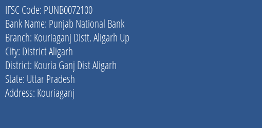 Punjab National Bank Kouriaganj Distt. Aligarh Up Branch, Branch Code 072100 & IFSC Code Punb0072100
