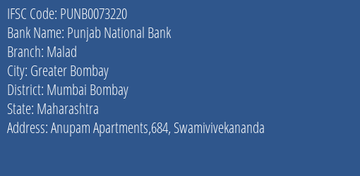 Punjab National Bank Malad Branch Mumbai Bombay IFSC Code PUNB0073220