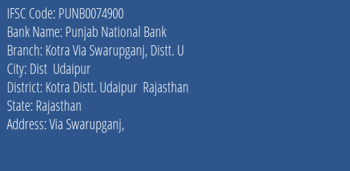 Punjab National Bank Kotra Via Swarupganj Distt. U Branch, Branch Code 074900 & IFSC Code PUNB0074900