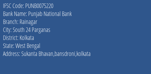 Punjab National Bank Rainagar Branch, Branch Code 075220 & IFSC Code PUNB0075220