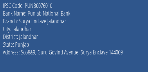 Punjab National Bank Surya Enclave Jalandhar Branch, Branch Code 076010 & IFSC Code PUNB0076010