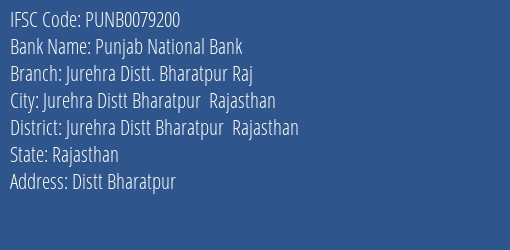 Punjab National Bank Jurehra Distt. Bharatpur Raj Branch Jurehra Distt Bharatpur Rajasthan IFSC Code PUNB0079200