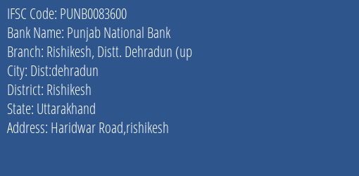 Punjab National Bank Rishikesh Distt. Dehradun Up Branch Rishikesh IFSC Code PUNB0083600