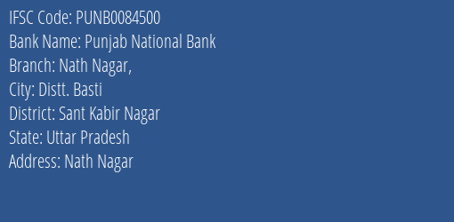 Punjab National Bank Nath Nagar Branch Sant Kabir Nagar IFSC Code PUNB0084500