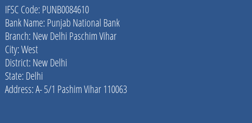 Punjab National Bank New Delhi Paschim Vihar Branch IFSC Code