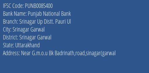 Punjab National Bank Srinagar Up Distt. Pauri Ul Branch, Branch Code 085400 & IFSC Code Punb0085400