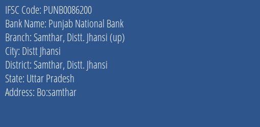 Punjab National Bank Samthar Distt. Jhansi Up Branch, Branch Code 086200 & IFSC Code Punb0086200