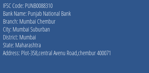 Punjab National Bank Mumbai Chembur Branch, Branch Code 088310 & IFSC Code PUNB0088310