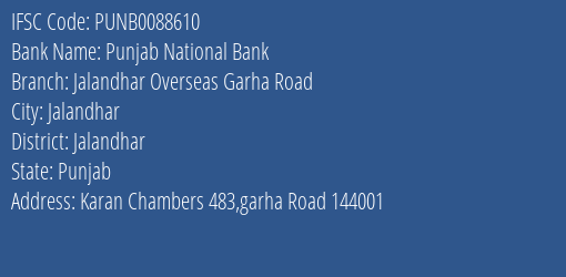 Punjab National Bank Jalandhar Overseas Garha Road, Jalandhar IFSC Code PUNB0088610