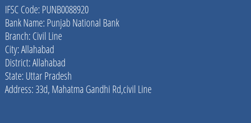 Punjab National Bank Civil Line Branch, Branch Code 088920 & IFSC Code PUNB0088920