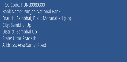 Punjab National Bank Sambhal Distt. Moradabad Up Branch Sambhal Up IFSC Code PUNB0089300