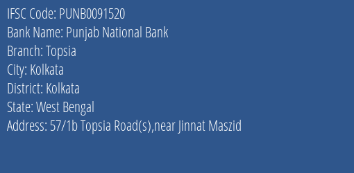 Punjab National Bank Topsia Branch Kolkata IFSC Code PUNB0091520
