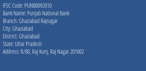 Punjab National Bank Ghaziabad Rajnagar Branch Ghaziabad IFSC Code PUNB0092010