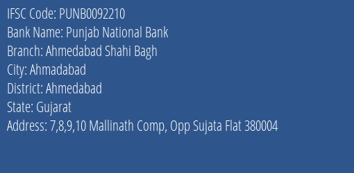 Punjab National Bank Ahmedabad Shahi Bagh Branch, Branch Code 092210 & IFSC Code PUNB0092210