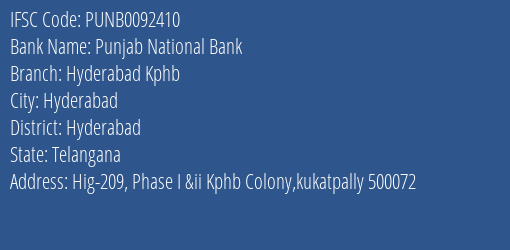 Punjab National Bank Hyderabad Kphb Branch, Branch Code 092410 & IFSC Code PUNB0092410