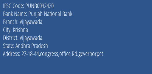 Punjab National Bank Vijayawada Branch, Branch Code 092420 & IFSC Code PUNB0092420