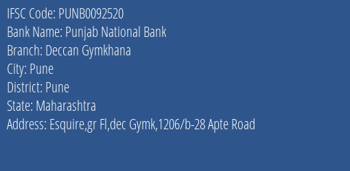 Punjab National Bank Deccan Gymkhana Branch, Branch Code 092520 & IFSC Code PUNB0092520