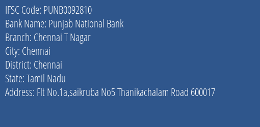 Punjab National Bank Chennai T Nagar Branch, Branch Code 092810 & IFSC Code PUNB0092810
