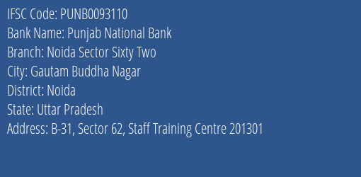 Punjab National Bank Noida Sector Sixty Two Branch Noida IFSC Code PUNB0093110