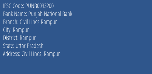 Punjab National Bank Civil Lines Rampur Branch Rampur IFSC Code PUNB0093200