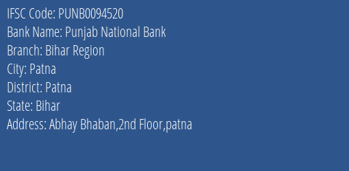 Punjab National Bank Bihar Region Branch, Branch Code 094520 & IFSC Code PUNB0094520