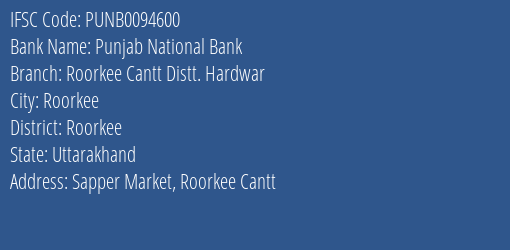 Punjab National Bank Roorkee Cantt Distt. Hardwar Branch Roorkee IFSC Code PUNB0094600