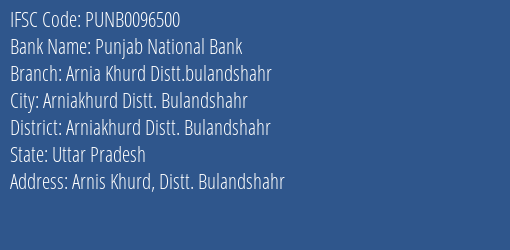 Punjab National Bank Arnia Khurd Distt.bulandshahr Branch Arniakhurd Distt. Bulandshahr IFSC Code PUNB0096500
