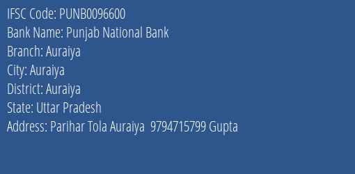 Punjab National Bank Auraiya Branch, Branch Code 096600 & IFSC Code Punb0096600