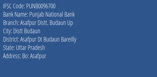 Punjab National Bank Asafpur Distt. Budaun Up Branch Asafpur Dt Budaun Bareilly IFSC Code PUNB0096700