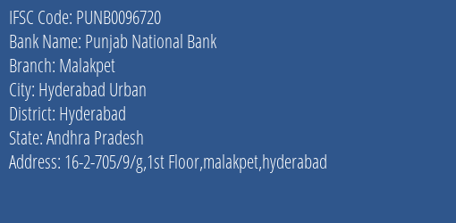 Punjab National Bank Malakpet Branch, Branch Code 096720 & IFSC Code PUNB0096720