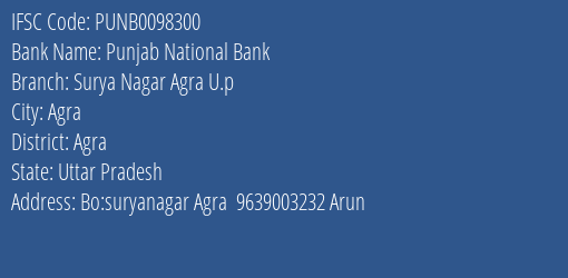 Punjab National Bank Surya Nagar Agra U.p Branch Agra IFSC Code PUNB0098300