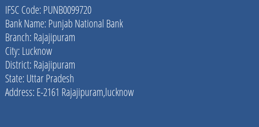 Punjab National Bank Rajajipuram Branch Rajajipuram IFSC Code PUNB0099720