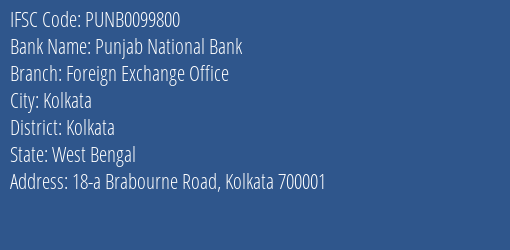 Punjab National Bank Foreign Exchange Office Branch Kolkata IFSC Code PUNB0099800